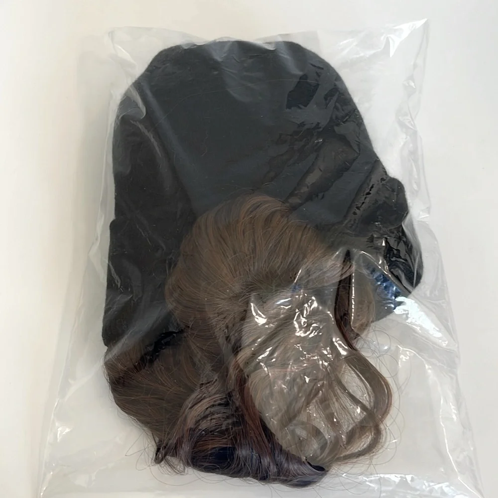 Long Curly Wavy Brown Hair Beanie Wig • Black Knit Hat Attached Extensions 30”